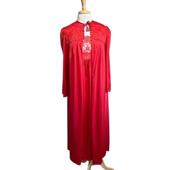 Vintage Custom Made Nightgown Robe Peignoir Set Silky Nylon Red Lace M 34" Bust - Picture 1 of 9